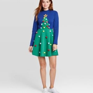 Womens Blue Green Ugly Christmas Tree Sweater Stretchy Cute Holiday Dress